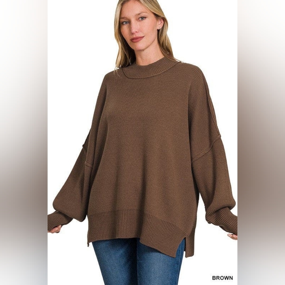 Zenana Outfitters Women's Brown Oversized Crew Neck Sweater L/XL